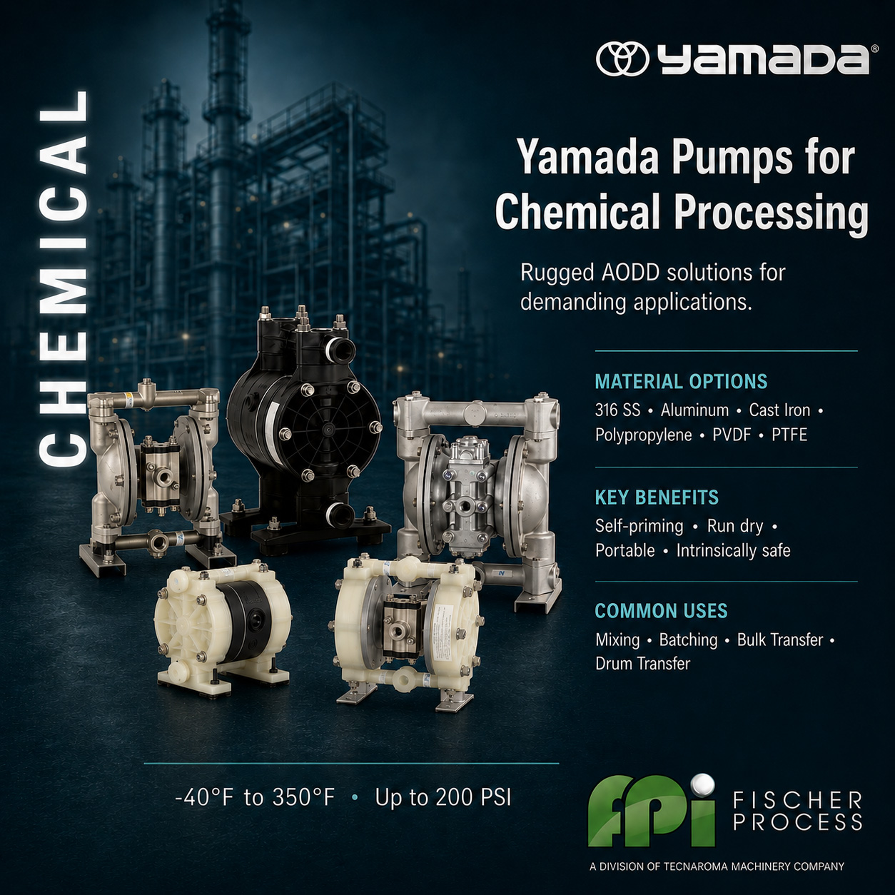 Yamada pumps for chemical processing applications with material options, benefits, and common uses.